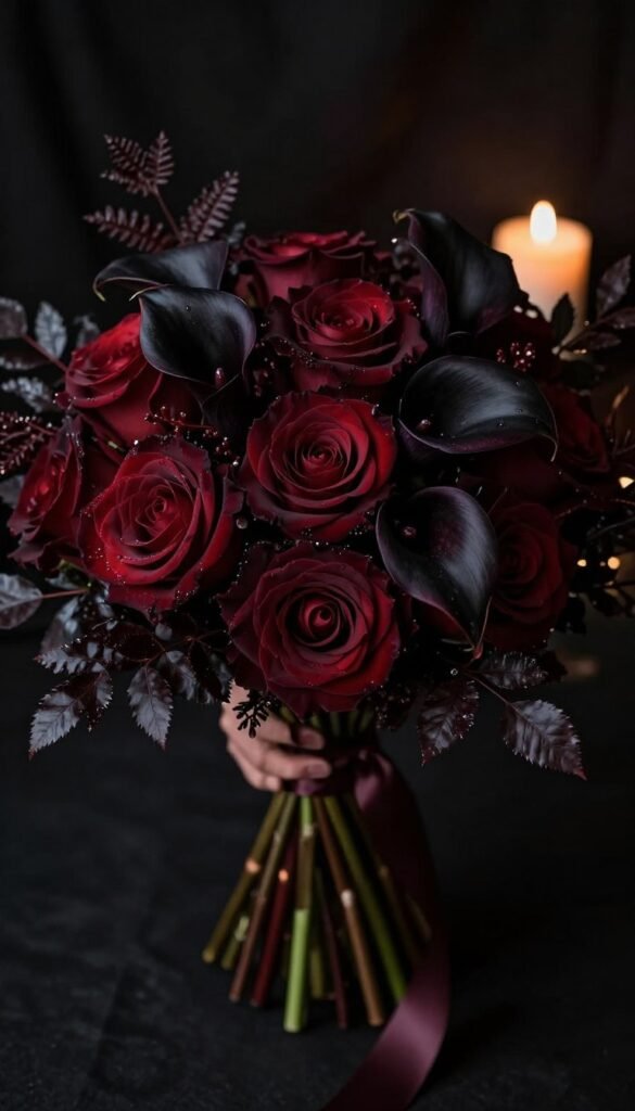 Dark romantic wedding bouquet with burgundy roses and black calla lilies illuminated by candlelight