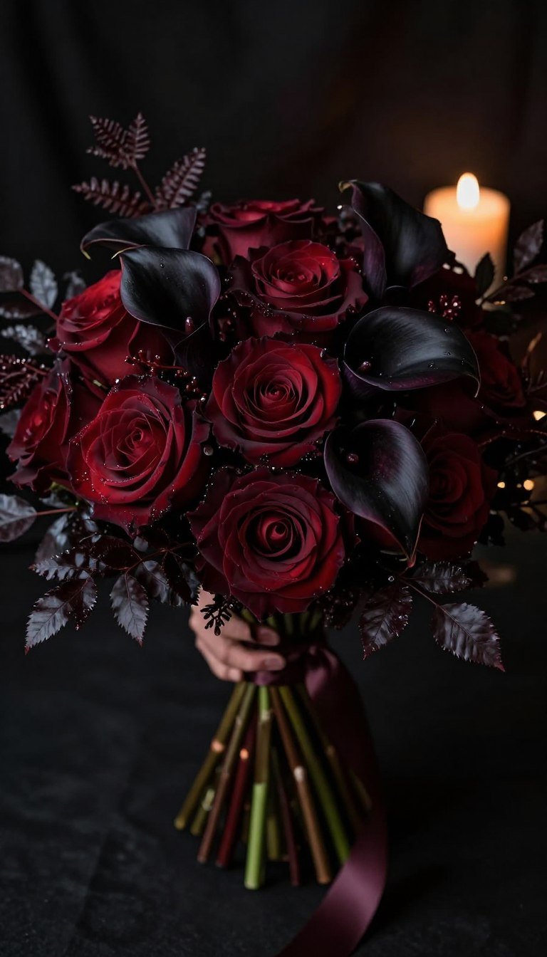 Dark Romantic Wedding Flowers for Moody Luxury Weddings (Elegant & Dramatic Ideas for 2026) Dark romantic wedding bouquet with burgundy roses and black calla lilies illuminated by candlelight