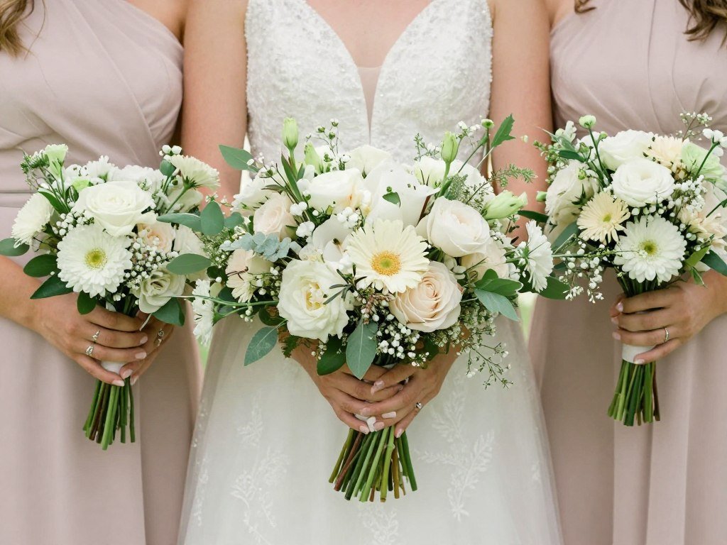 Detail showing texture variation between bridal and bridesmaid wildflower bouquets