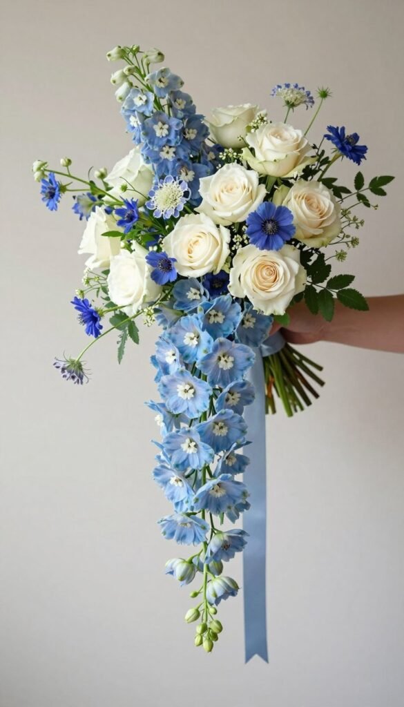 Dusty blue and cream cascading wildflower bouquet with elegant movement