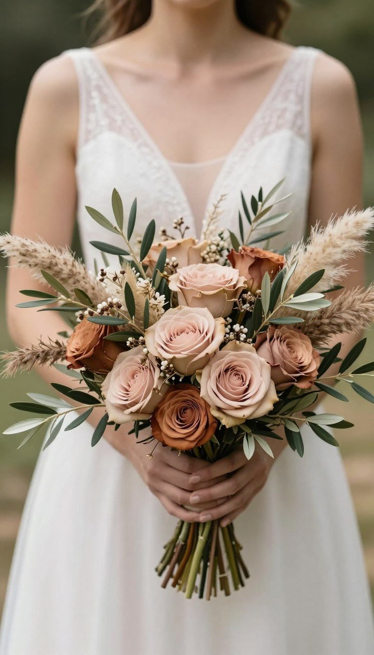 Olive Green and Earth-Tone Wedding Flower Ideas for a Warm, Elegant Celebration (2026) Elegant bridal bouquet featuring olive branches, dried pampas grass, and earth-tone roses in a natural setting