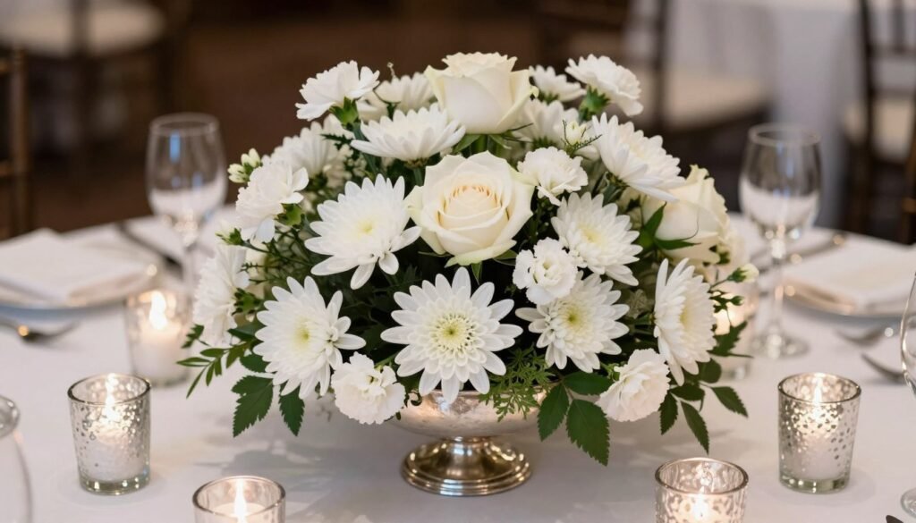 Elegant mixed floral winter wedding centerpiece with white blooms and silver accents