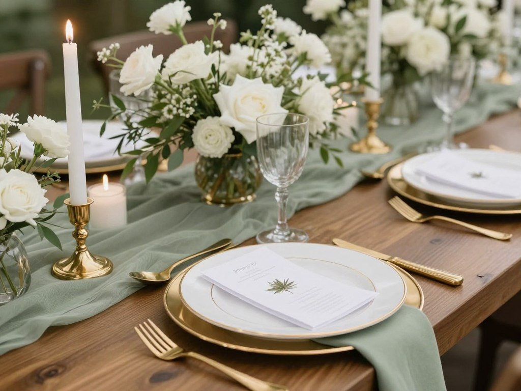 Elegant sage green tablescape with strategic gold accents