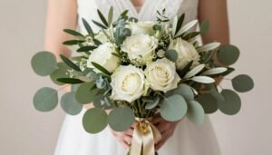 Elegant sage green wedding bouquet with gold ribbon and accents