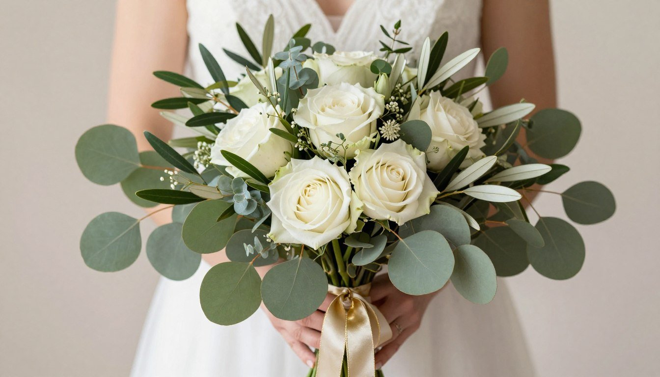 Elegant sage green wedding bouquet with gold ribbon and accents