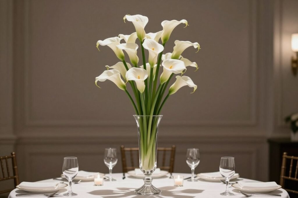 Elegant tall minimalist winter wedding centerpiece with white calla lilies in crystal vase