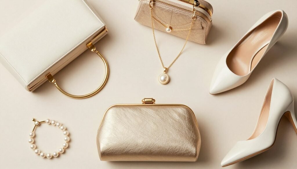 Elegant wedding guest accessories including jewelry, bags and shoes