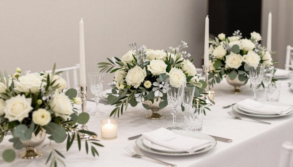 Elegant white and green winter wedding tablescape with silver accents