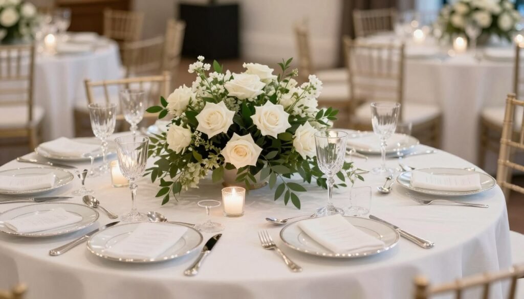 Elegant white linen table with soft green and white floral centerpieces