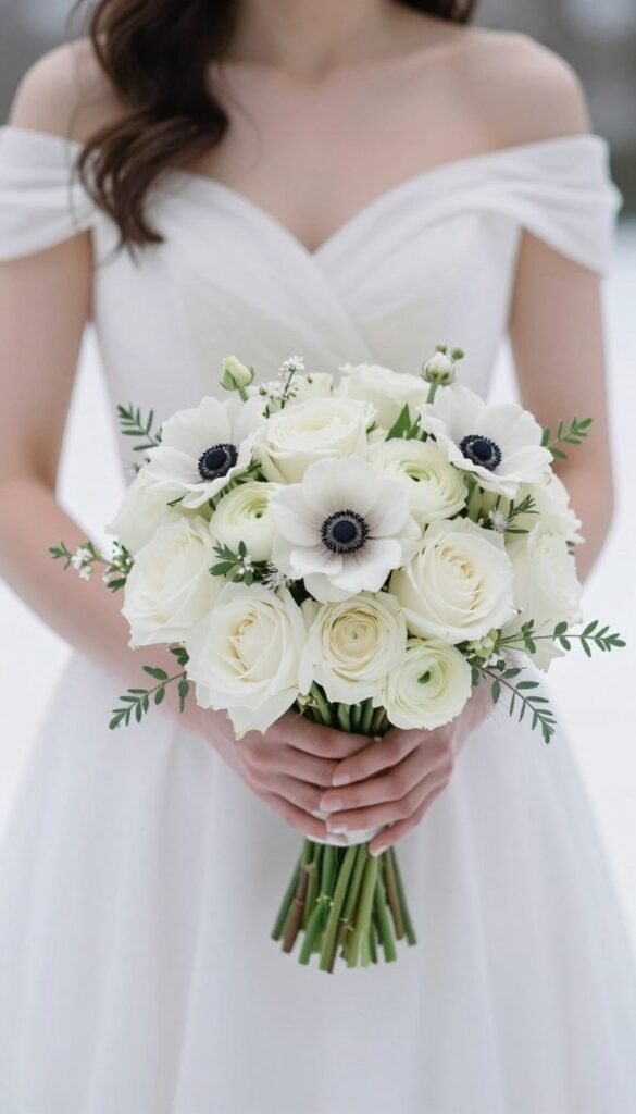 Elegant white winter wedding bouquet with roses and anemones against a snowy backdrop