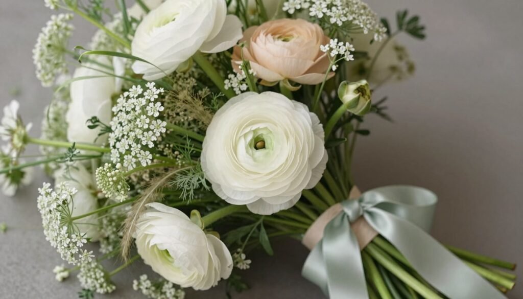 Elegant wildflower bouquet with controlled color palette and premium ribbon wrap