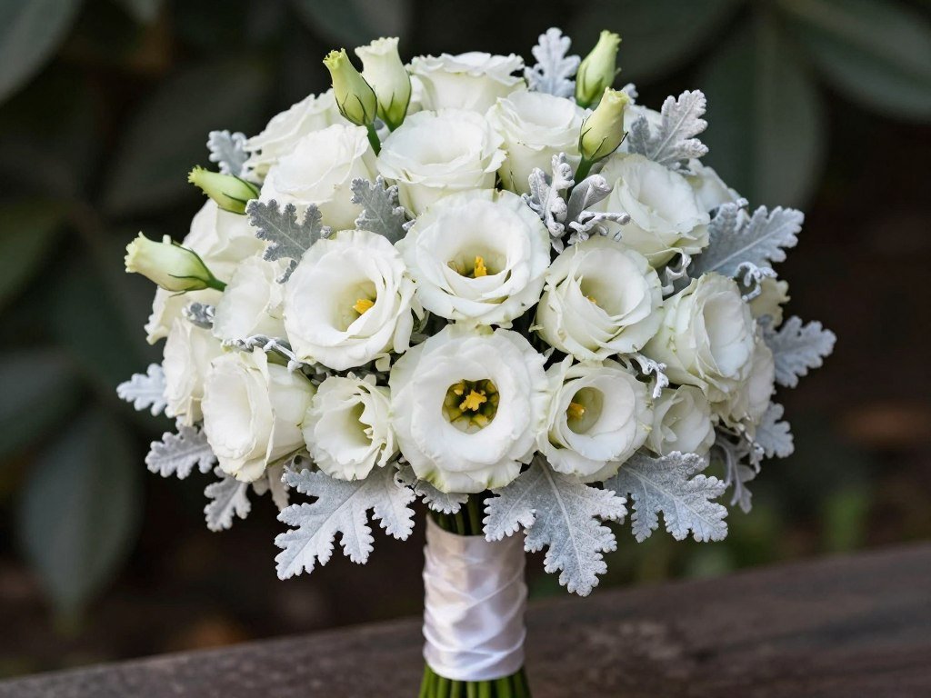 Elegant winter bridal bouquet with white lisianthus and silver dusty miller foliage