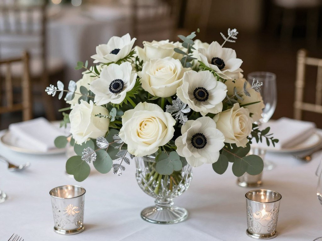 Elegant winter wedding centerpiece with white anemones, roses, and minimal greenery in a crystal vase