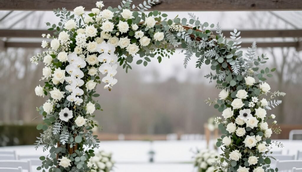 Elegant winter wedding ceremony arch with white flowers and minimal greenery