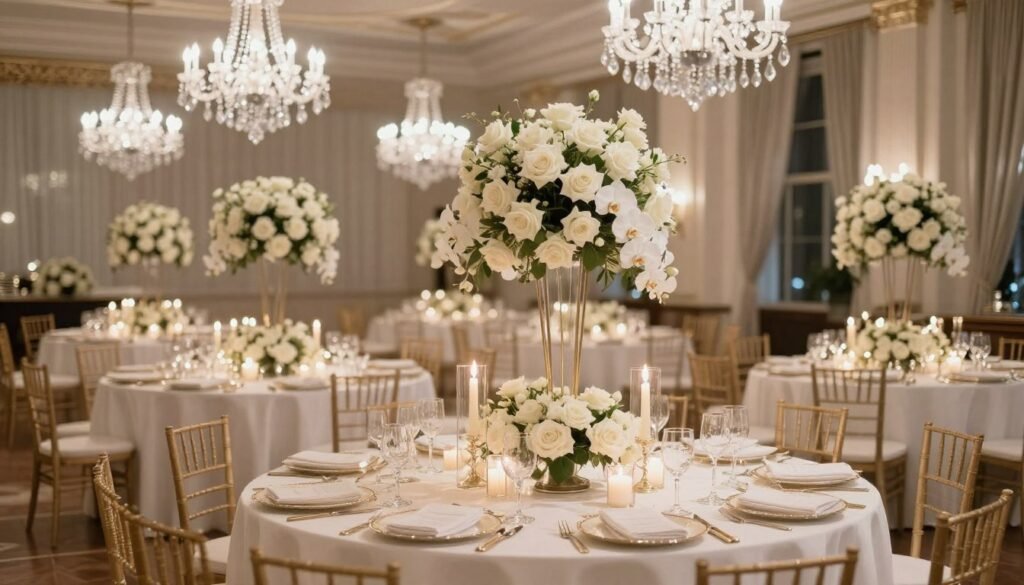 Elegant winter wedding reception with white floral centerpieces and candles in a luxury ballroom setting