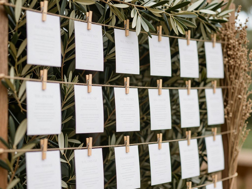 Escort card display with olive branches and dried grasses