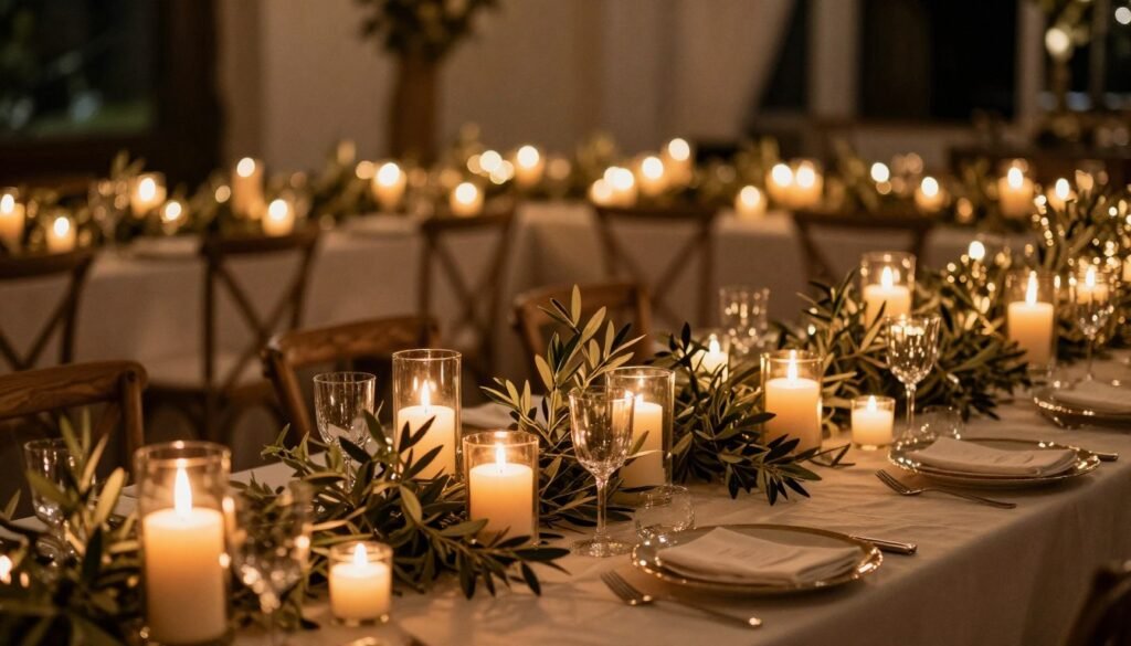 Evening reception with olive greenery and abundant candlelight
