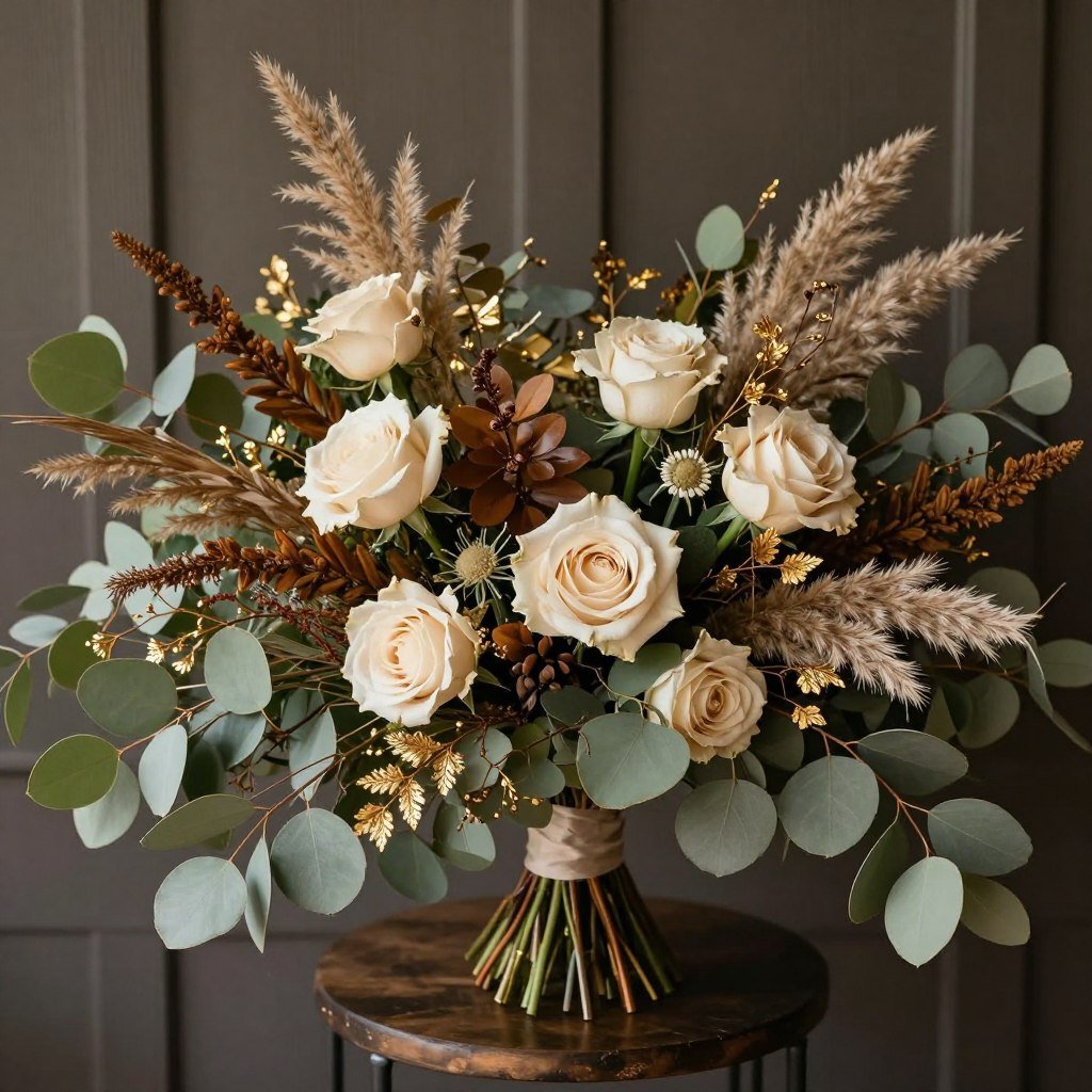 Fall sage green and gold wedding flowers with textural elements