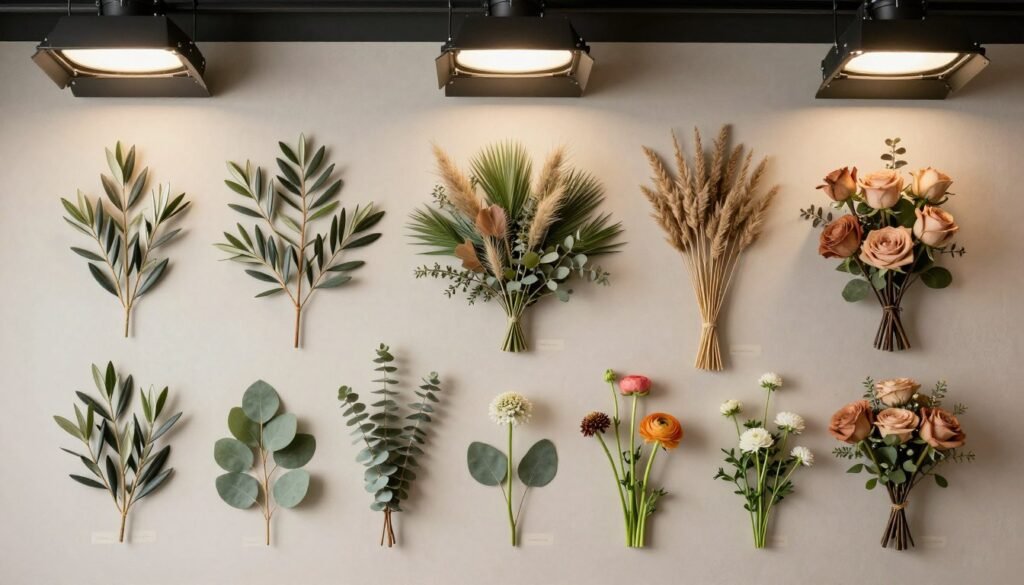 Flat lay of various flowers and greenery in olive green and earth tones