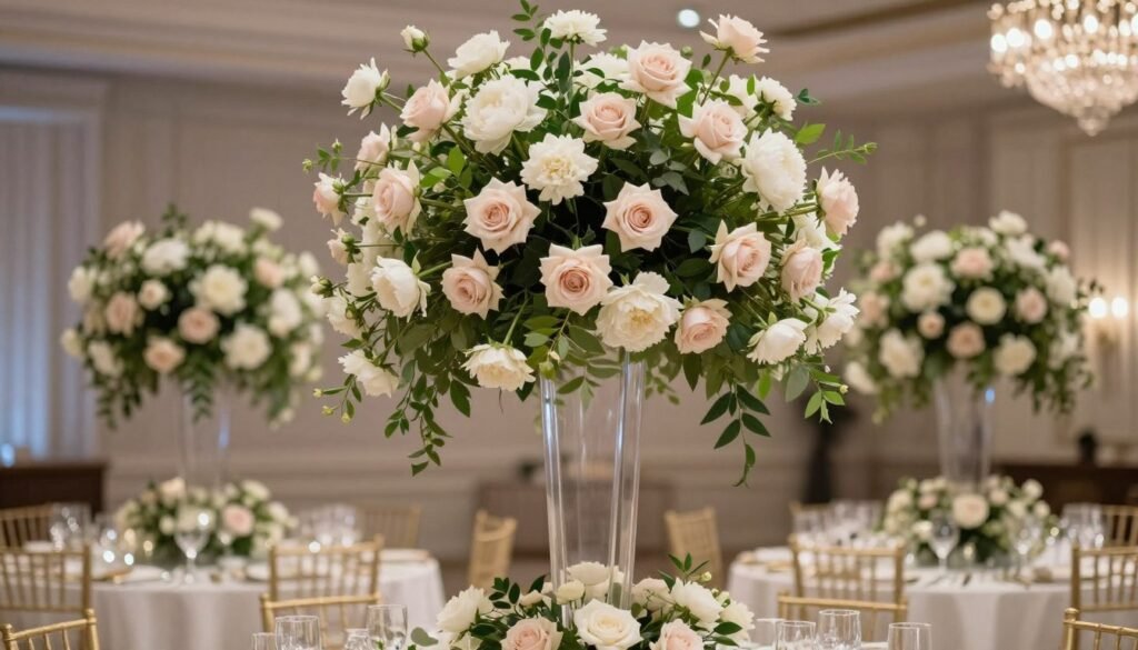 Floating garden installation with white and blush flowers suspended above wedding tables