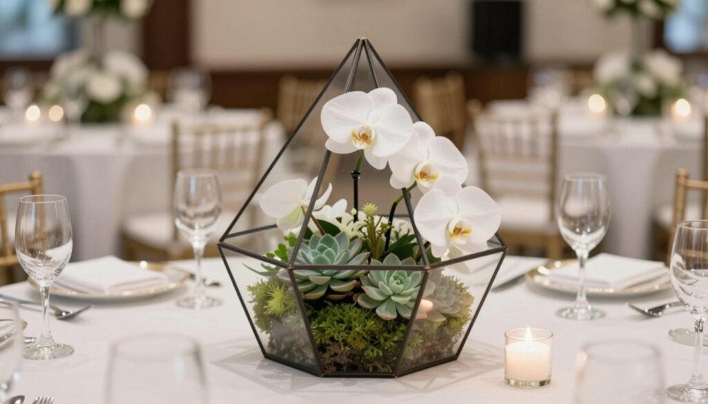Geometric glass terrarium centerpieces with white orchids and moss
