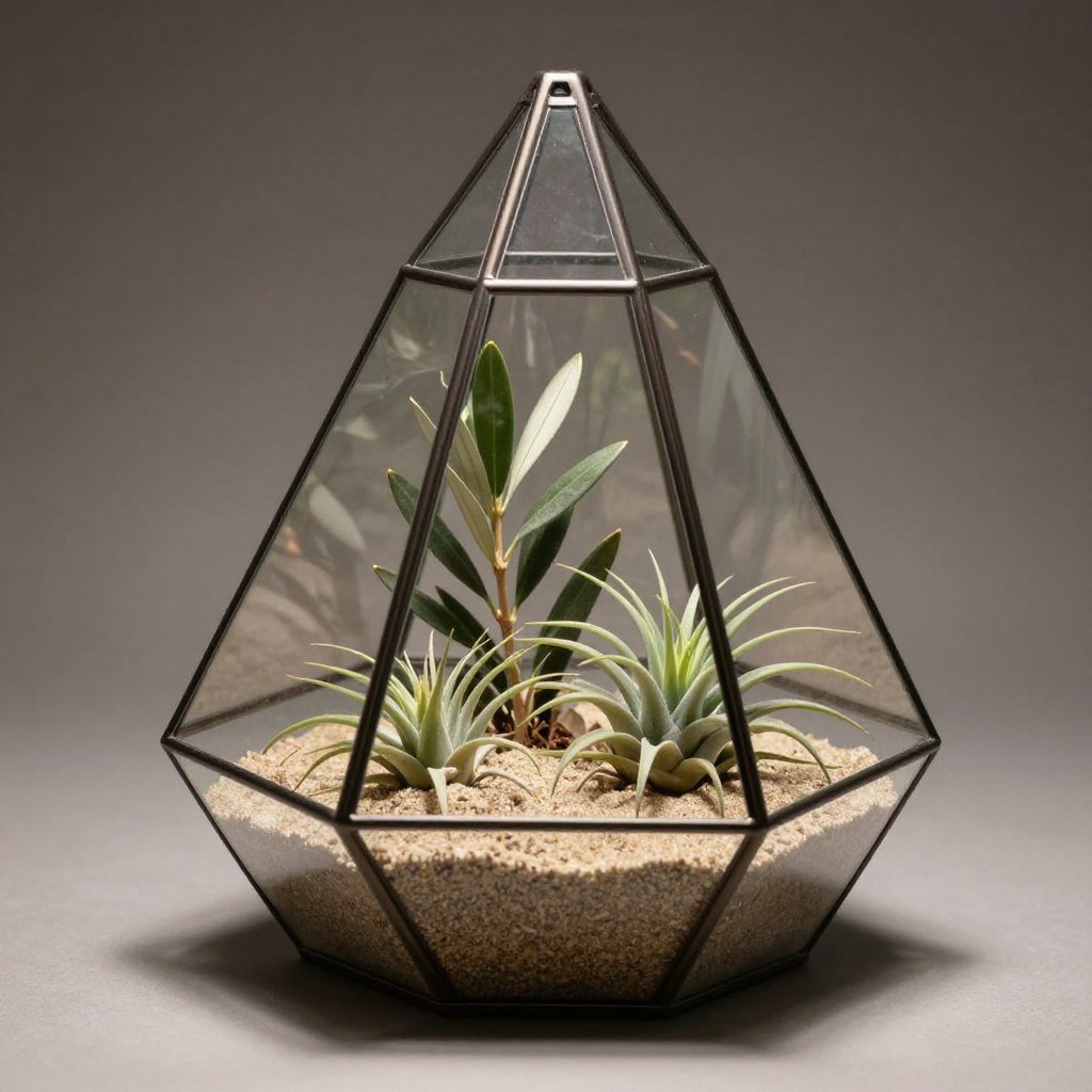 Glass terrarium centerpiece with sand, olive branches and air plants