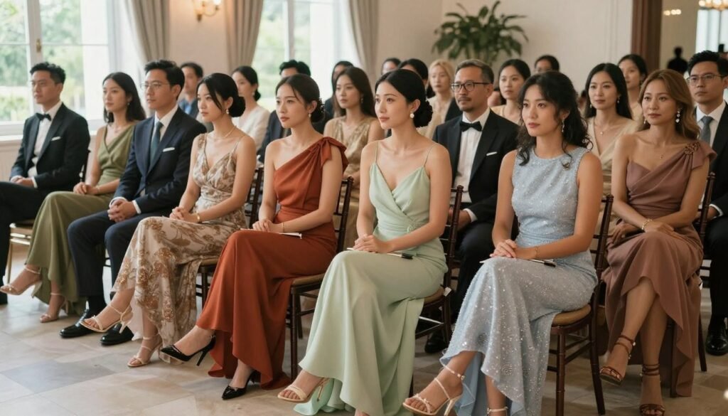 Group of stylishly dressed wedding guests at an elegant venue