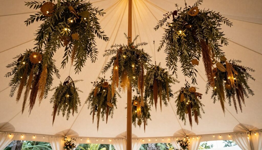 Hanging olive branch installation above reception space