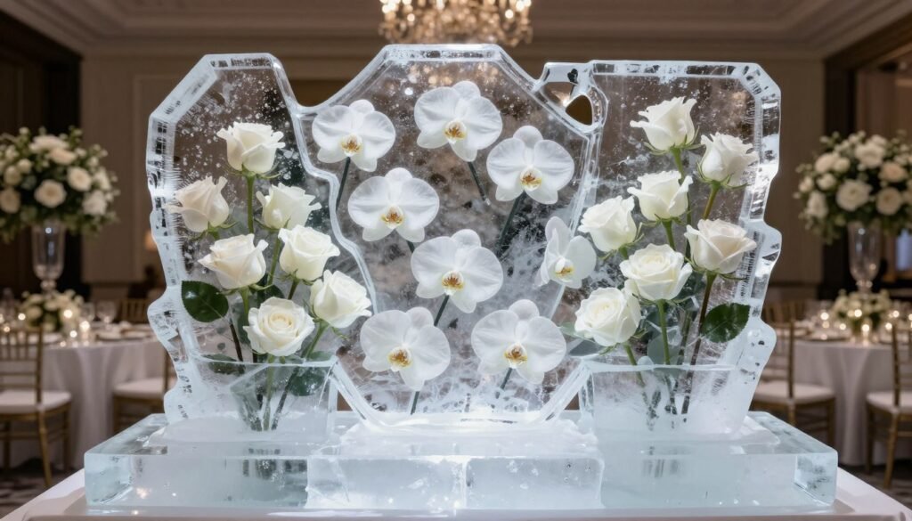Ice sculpture with white roses and orchids frozen inside for luxury wedding