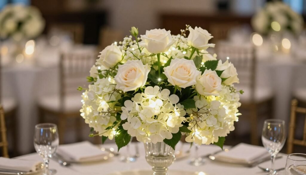 Illuminated floral centerpiece with white flowers and hidden LED lights