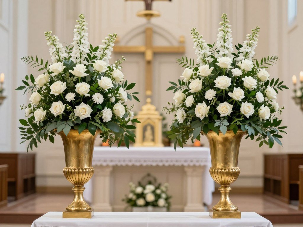 Large sage green altar arrangements in gold urns