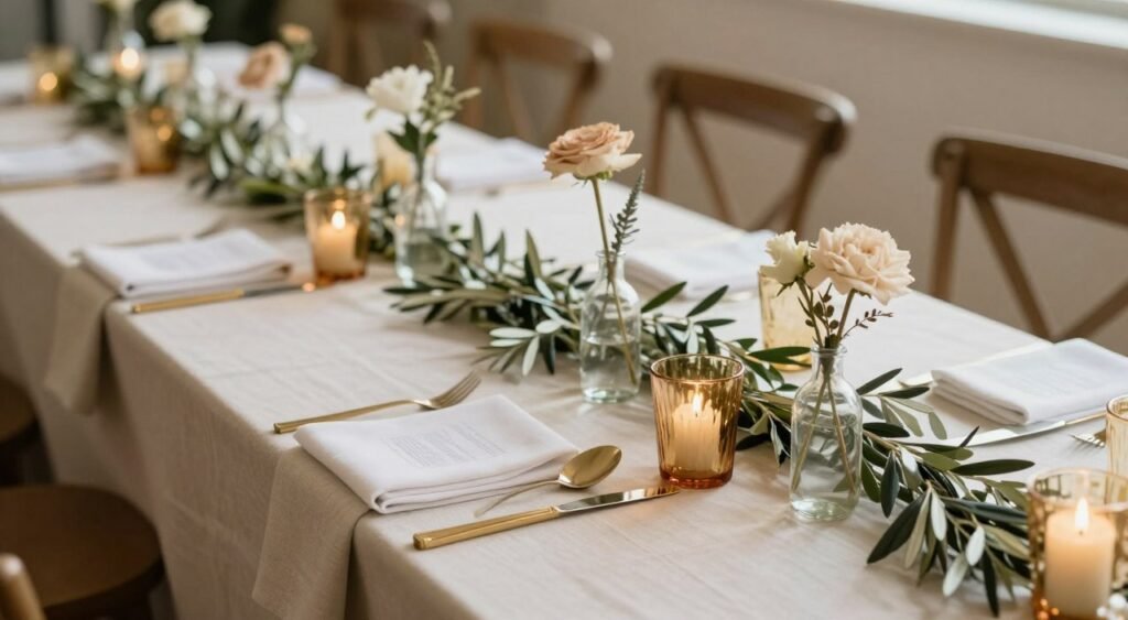 Long reception table with olive branch garland runner and candles