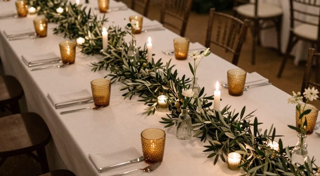 Long reception table with olive garland runner and amber candles