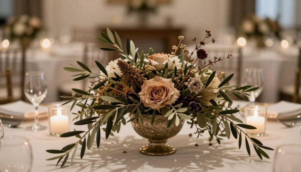 Low organic centerpiece with olive branches and earth-tone flowers in compote vessel