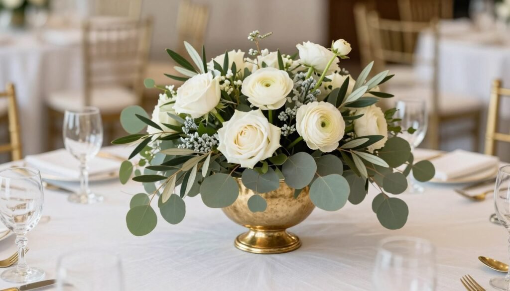 Low sage green centerpiece in gold compote vase