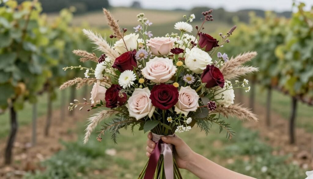 Luxurious wildflower bouquet designed for an upscale outdoor wedding venue