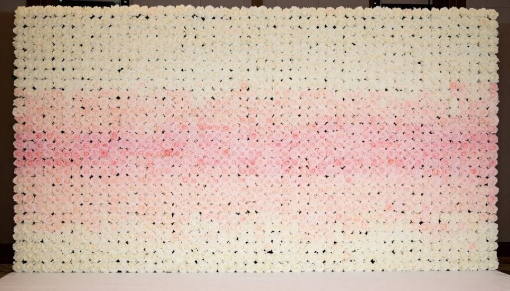 Luxury ombré floral wall transitioning from white to blush to pink roses