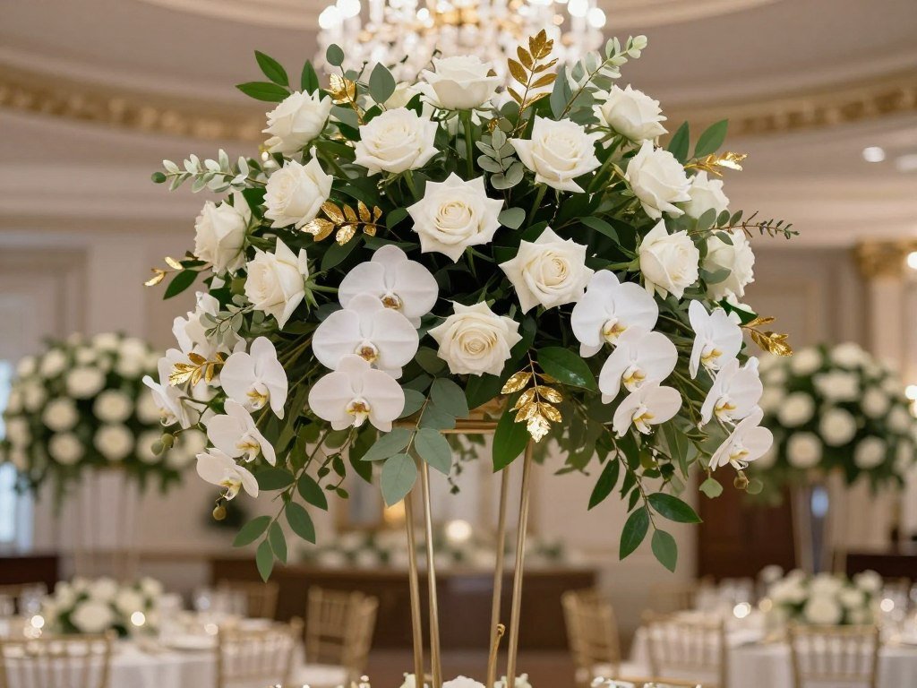 Luxury sage green floral installation with premium gold details