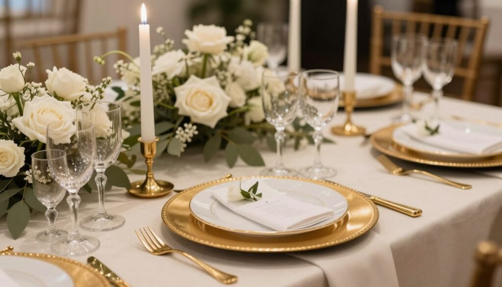 Luxury table setting with gold accents, crystal glassware and candlelight