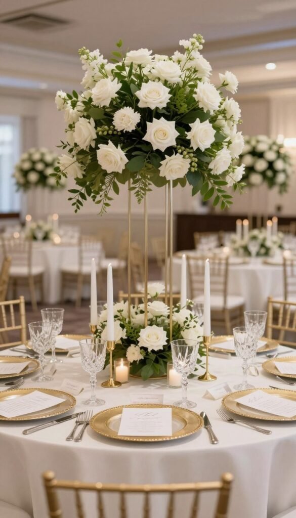 Luxury wedding reception table with tall floral centerpieces, gold accents, and elegant place settings