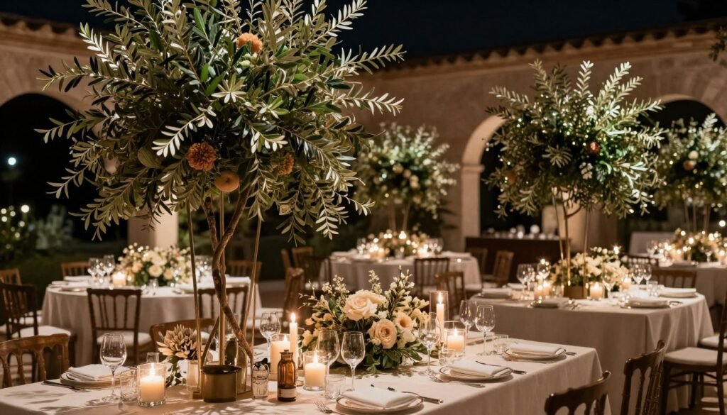 Luxury wedding reception with abundant olive and earth-tone floral installations