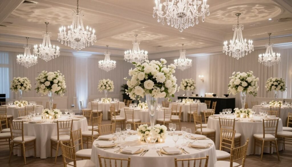 Luxury wedding reception with multiple elegantly decorated round tables featuring tall centerpieces
