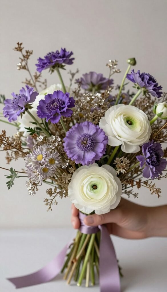 Mauve and ivory wildflower bouquet with textural elements and subtle metallic accents
