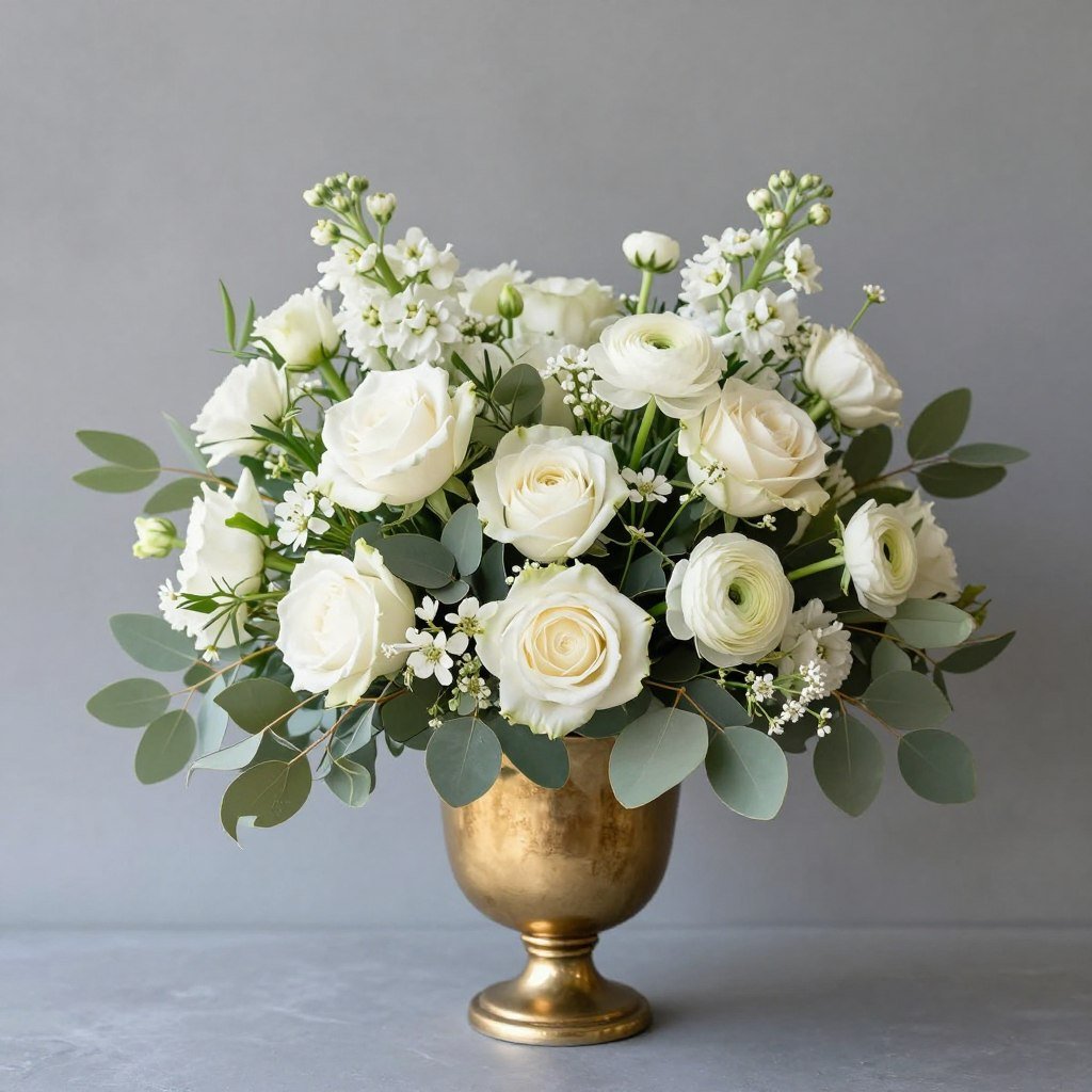 Mid-range sage green and white centerpiece in gold compote