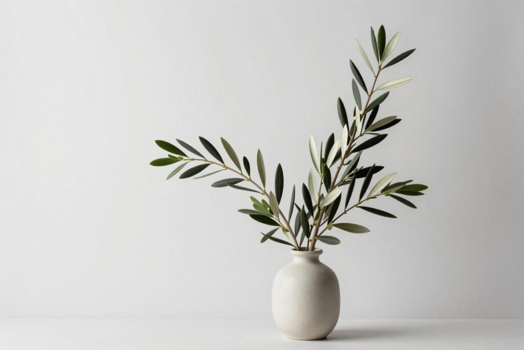 Minimalist arrangement with olive branches showing effective use of negative space