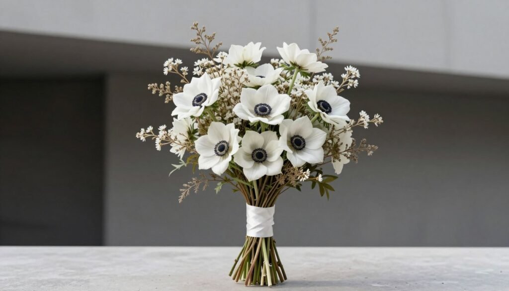 Minimalist wildflower bouquet designed for a contemporary wedding with clean lines