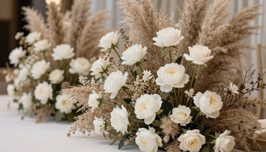 Mixed installation of fresh and preserved flowers in white and neutral tones