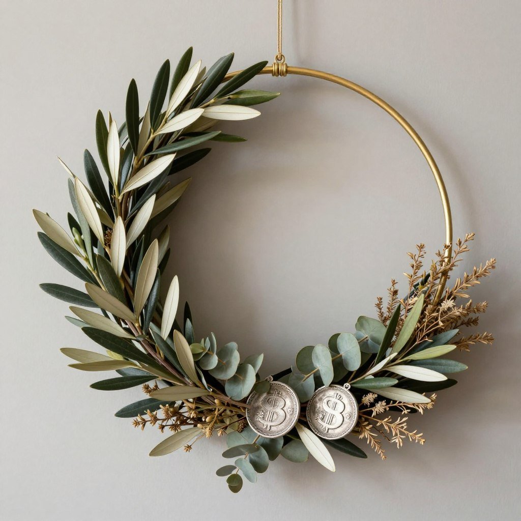Modern hoop wreath with olive branches and dried elements