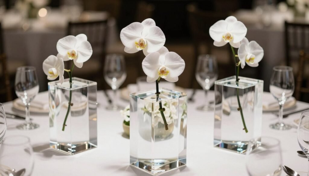 Modern lucite stands with white orchids submerged in water as wedding centerpieces