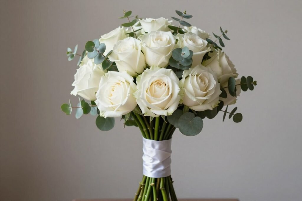 Modern minimal hand-tied winter bridal bouquet with white roses and subtle greenery